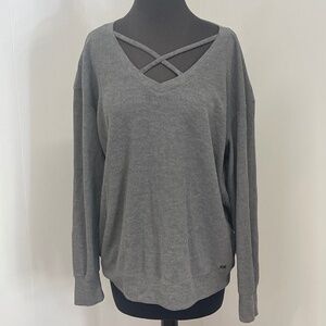 Hollister Gray Ribbed Long Sleeve Strappy V-Neck Easy Tee Size L